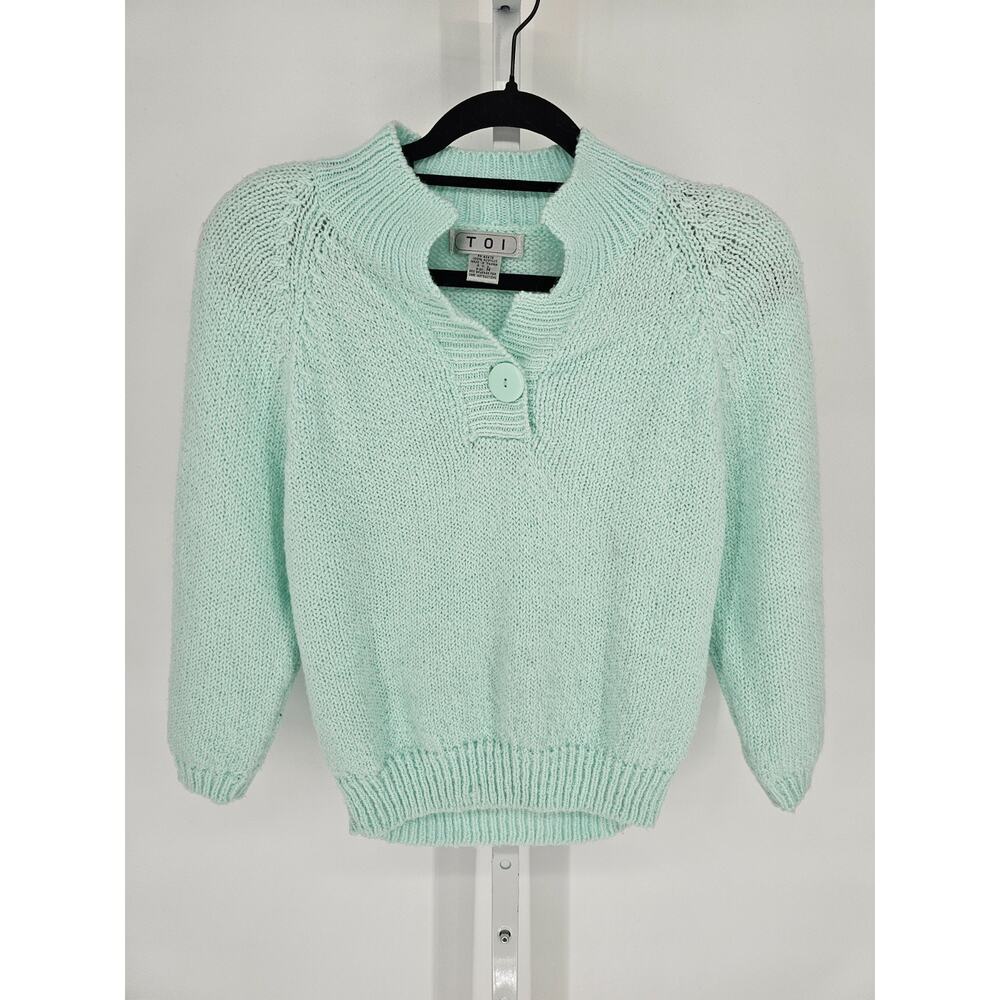 Vintage TOI Womens Sz M 3/4 Sleeve Knit Sweater Seafoam Green